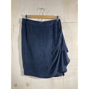 Karen Millen Drape Silk Cupro Skirt Women Sz 6 Navy Blue Ruffle Cocktail